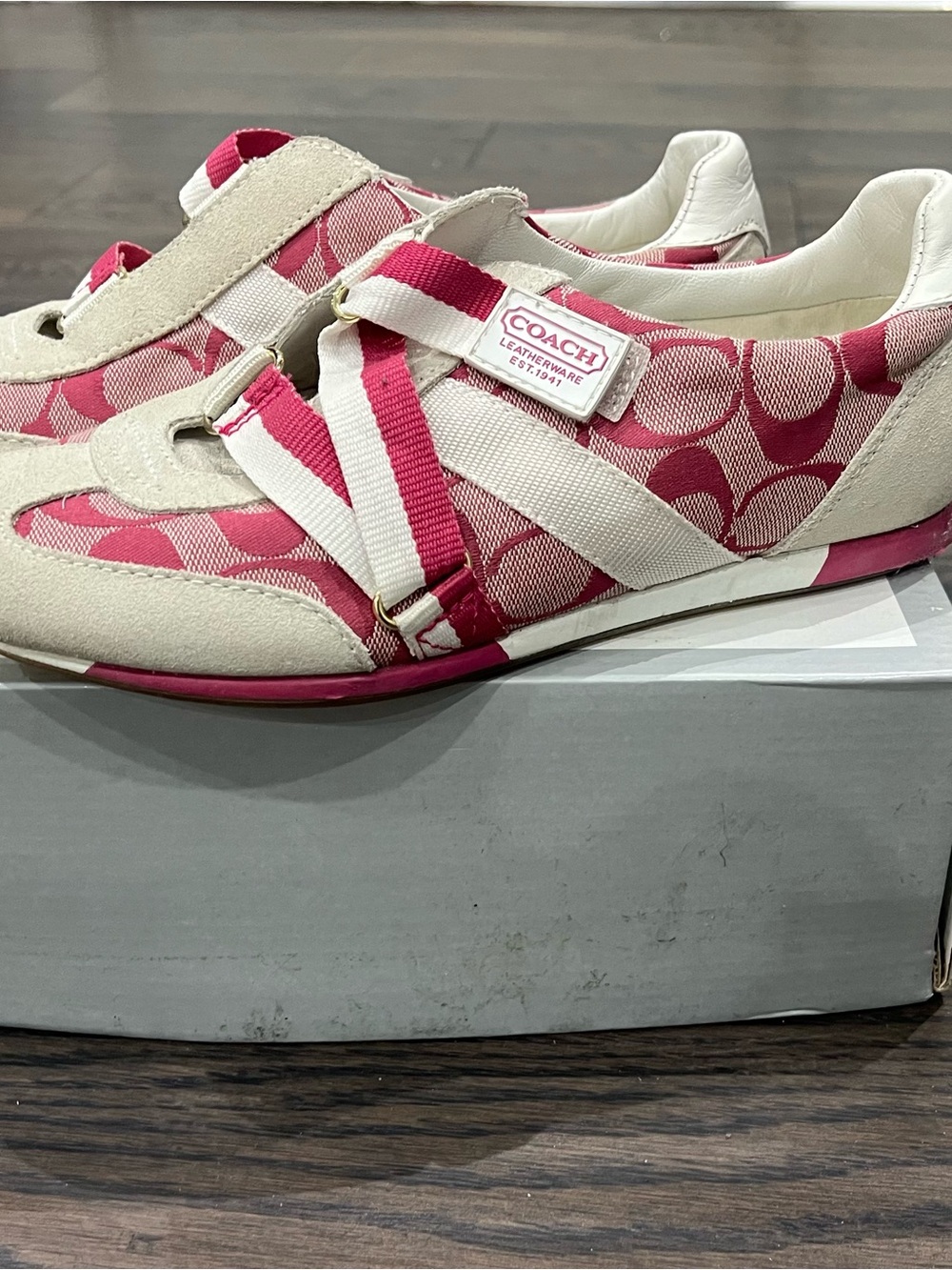 Coach Kids Pink Signature Strap Sneakers with Cream Accents